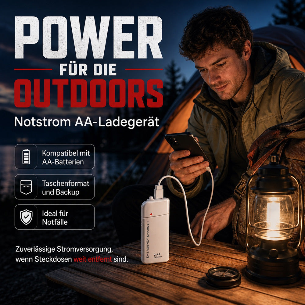 Tragbares Notfall-Ladegerät für Mobiltelefone – Powerbank mit AA-Batterien und LED-Taschenlampe