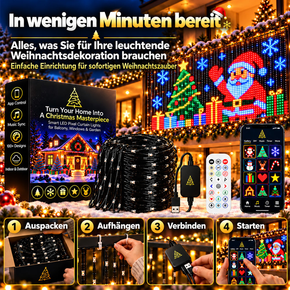 💥 NUR FÜR KURZE ZEIT 50 % RABATT! 🎄 Intelligente, animierte Weihnachtsbeleuchtung 📱 Mehrere Lichter verbinden und per App ein gemeinsames Lichtmuster steuern ✨ Lass es leuchten und genieße den Weihnachtszauber