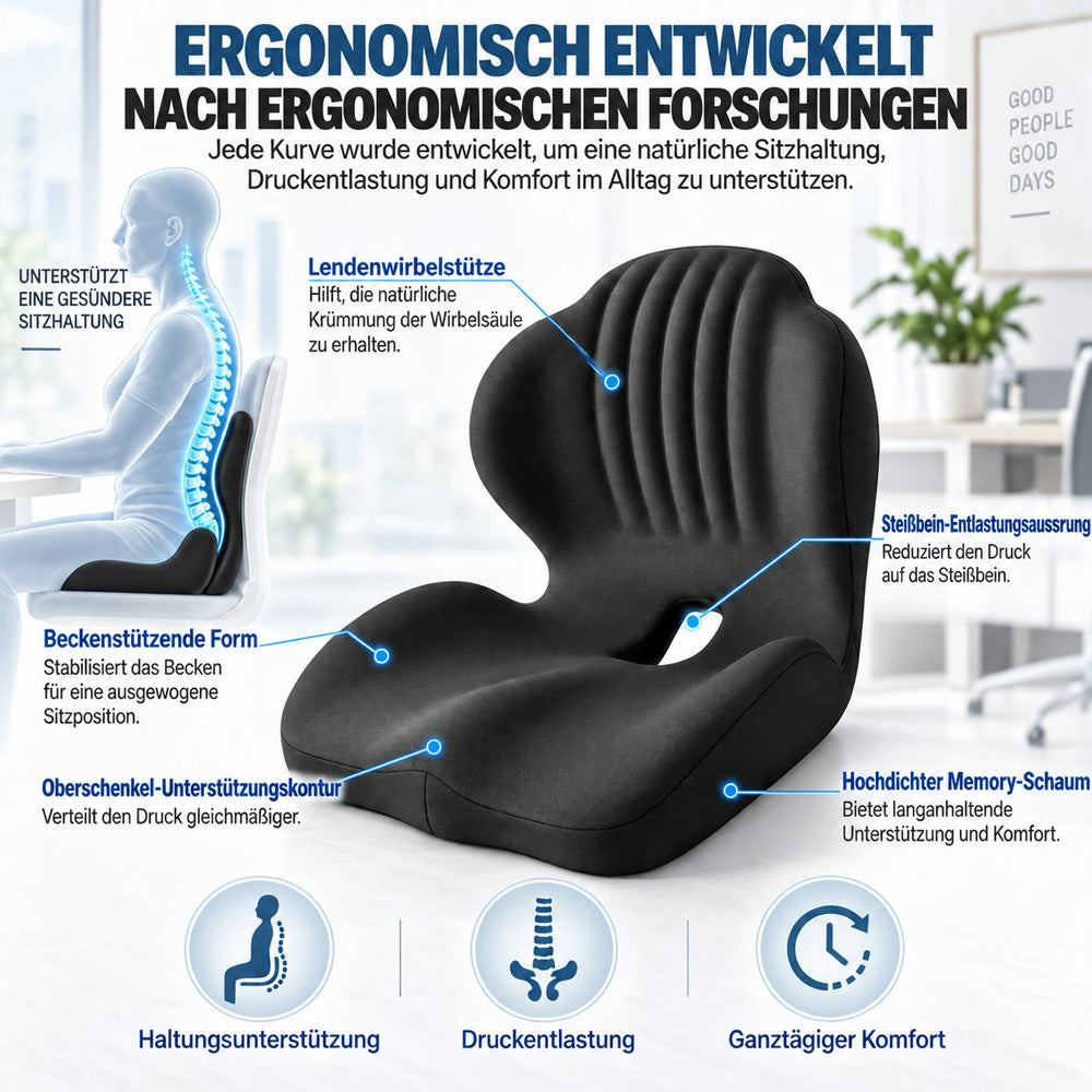 🪑🔥 50% RABATT! 💆 Ergonomisches Sitzkissen aus Memory-Schaum – Integrierte Rückenstütze, orthopädisch & vielseitig – Ideal für Bürostuhl, Auto & Homeoffice ✨✨