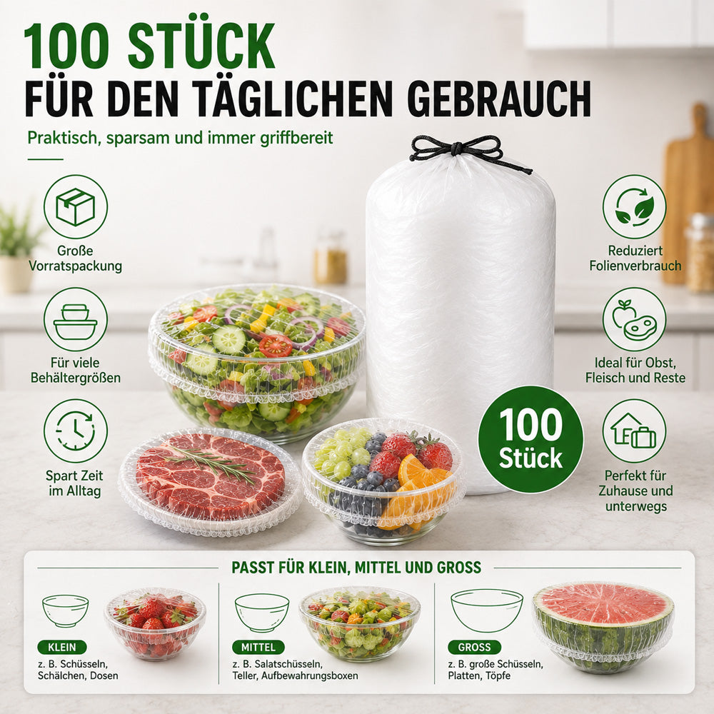 🥬 50% RABATT! 🥔🥕 100 Pcs Einweg-Dehnfolien für Schalen & Teller – Elastisch, lebensmittelecht & vielseitig – Perfekte Alternative zu Frischhaltefolie für die Küche ✨
