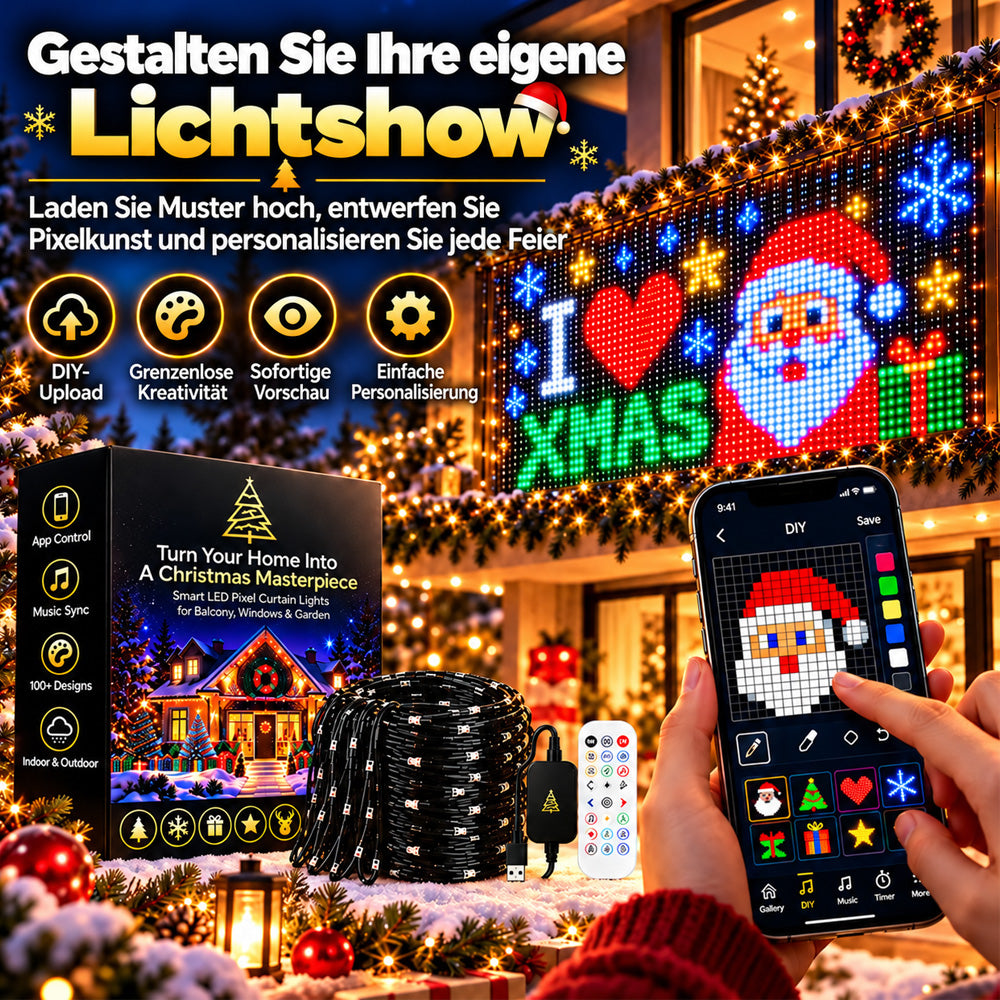 💥 NUR FÜR KURZE ZEIT 50 % RABATT! 🎄 Intelligente, animierte Weihnachtsbeleuchtung 📱 Mehrere Lichter verbinden und per App ein gemeinsames Lichtmuster steuern ✨ Lass es leuchten und genieße den Weihnachtszauber