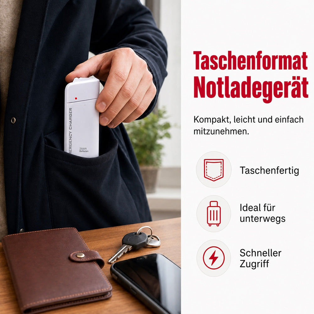Tragbares Notfall-Ladegerät für Mobiltelefone – Powerbank mit AA-Batterien und LED-Taschenlampe