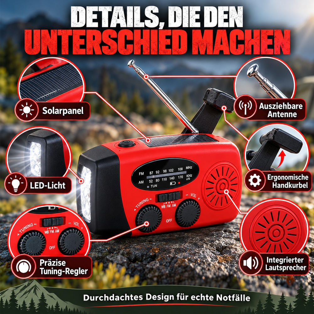 Multifunktionales tragbares Solar-Notfallradio – Powerbank, Handkurbel & Wetterwarnungen für Outdoor-Abenteuer und Notfälle