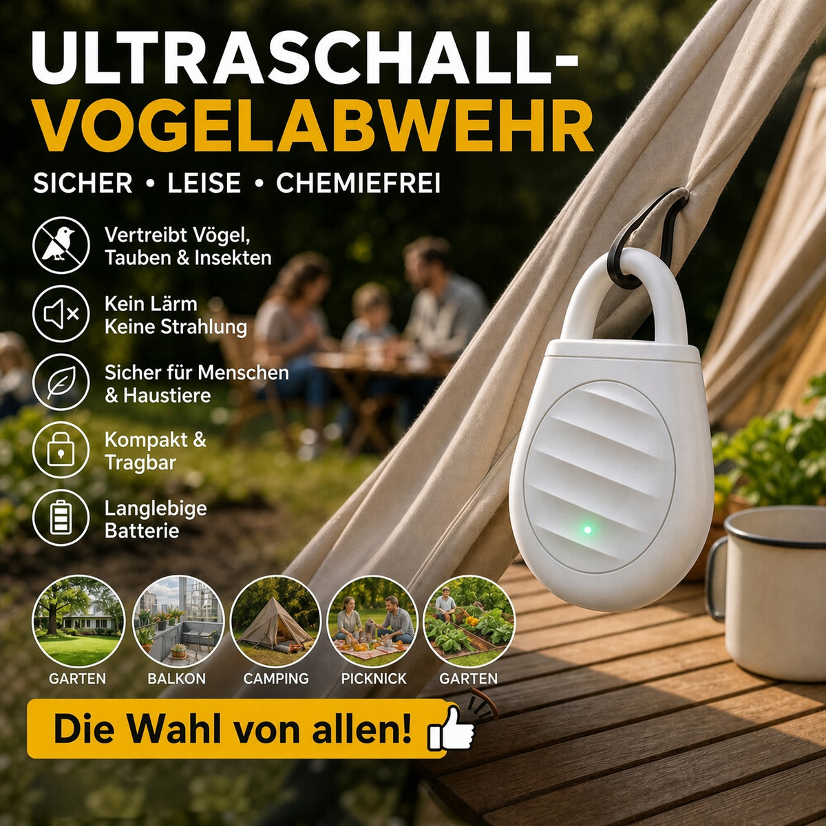 🐦 Nie wieder Ärger mit Vögeln, wilden Tieren und Heuschrecken! Tragbarer Ultraschall-Vogelabwehr-Schlüsselanhänger