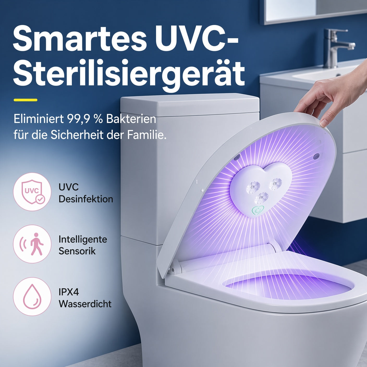 🚽✨Intelligente UVC-Toilettensterilisationslampe🦠 UVC-Technologie · 🤖 Intelligenter Sensor · 🔋 USB-C