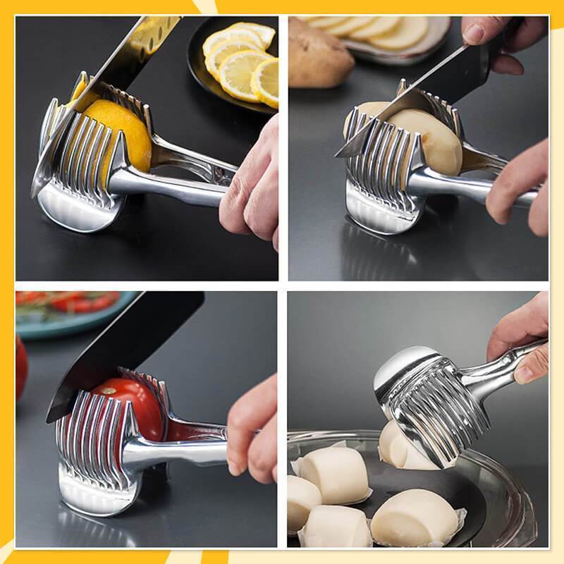 🍋 JETZT 50 % RABATT! Kreativer Küchen-Schneidehelfer aus lebensmittelechter Aluminiumlegierung, handlicher Schneidehalter zum schnellen Schneiden von Zitronen, Tomaten, Zwiebeln sowie weichem Obst und Gemüse